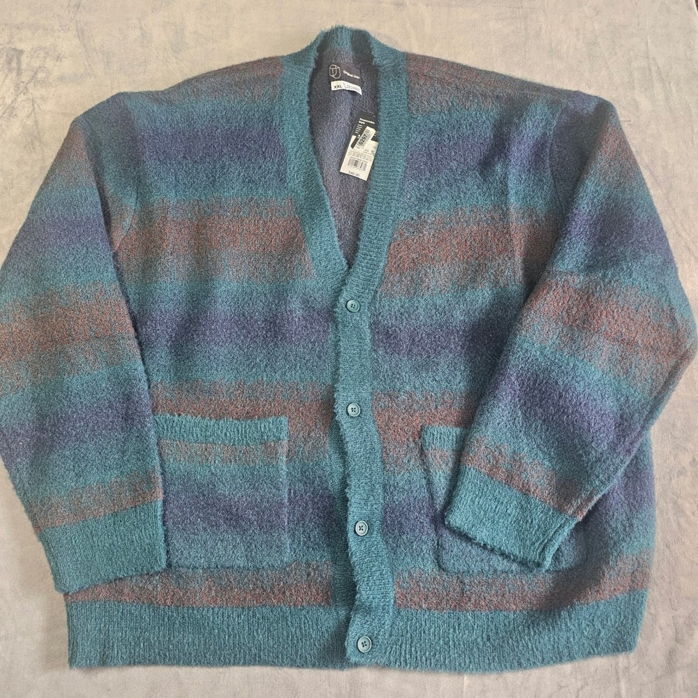 Original Use Mens XXL Teal Purple Striped Fuzzy Knit Button Front Cardigan NWT - Picture 2 of 9